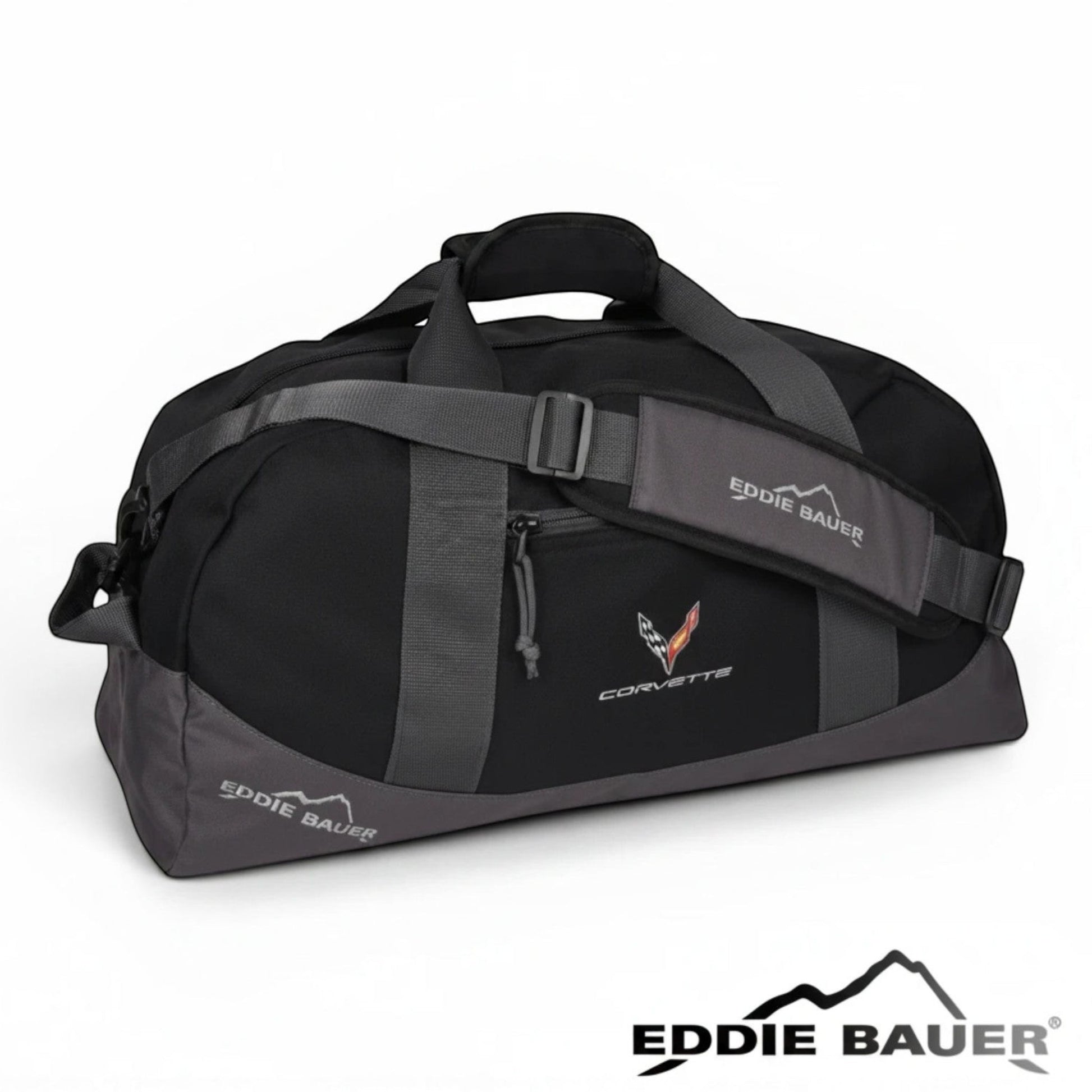T-Top Vibes black Eddie Bauer medium duffel bag with embroidered 2020 Corvette emblem and adjustable shoulder strap