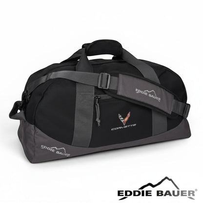 T-Top Vibes black Eddie Bauer medium duffel bag with embroidered 2020 Corvette emblem and adjustable shoulder strap