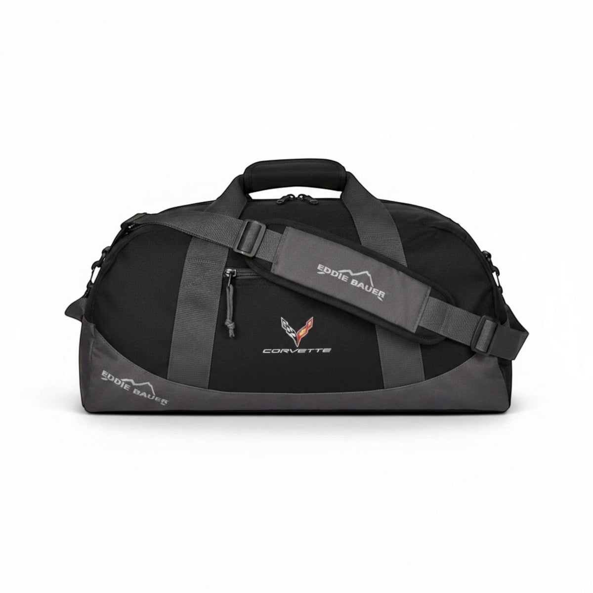 T-Top Vibes black Eddie Bauer medium duffel bag featuring an embroidered 2020 Corvette emblem and shoulder strap