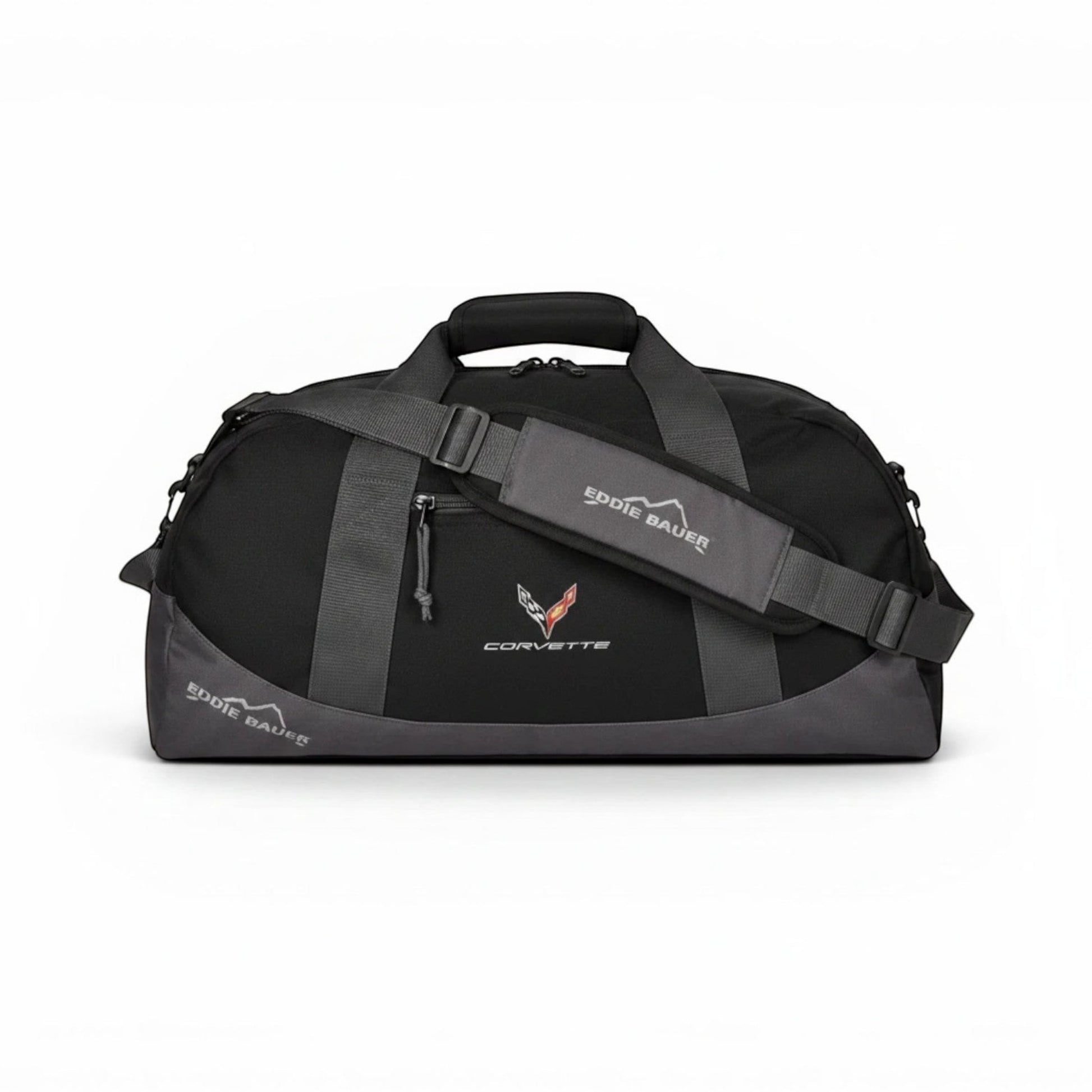 T-Top Vibes black Eddie Bauer medium duffel bag featuring an embroidered 2020 Corvette emblem and shoulder strap