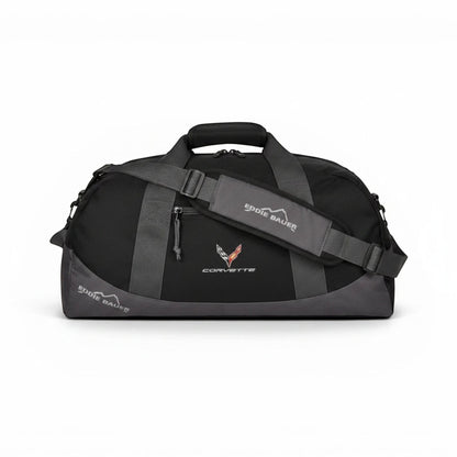 T-Top Vibes black Eddie Bauer medium duffel bag featuring an embroidered 2020 Corvette emblem and shoulder strap