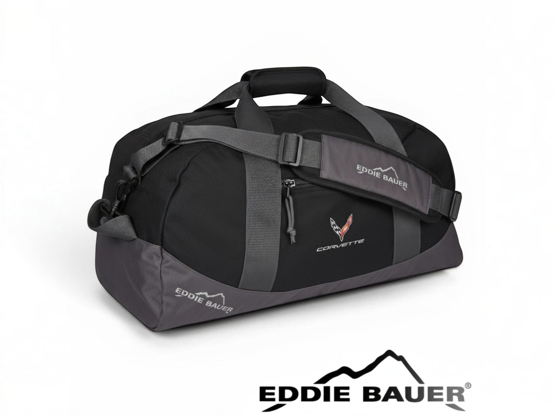 T-Top Vibes black Eddie Bauer medium duffel bag with embroidered Corvette emblem and adjustable shoulder strap