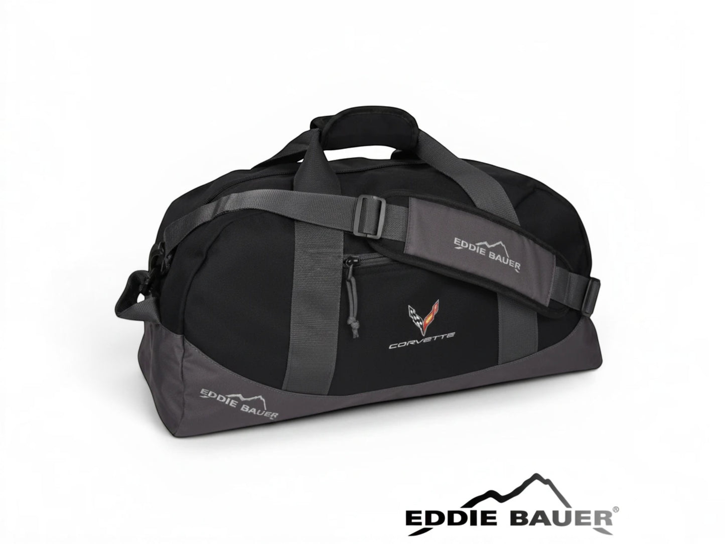 T-Top Vibes black Eddie Bauer medium duffel bag with embroidered 2020 Corvette emblem and adjustable shoulder strap