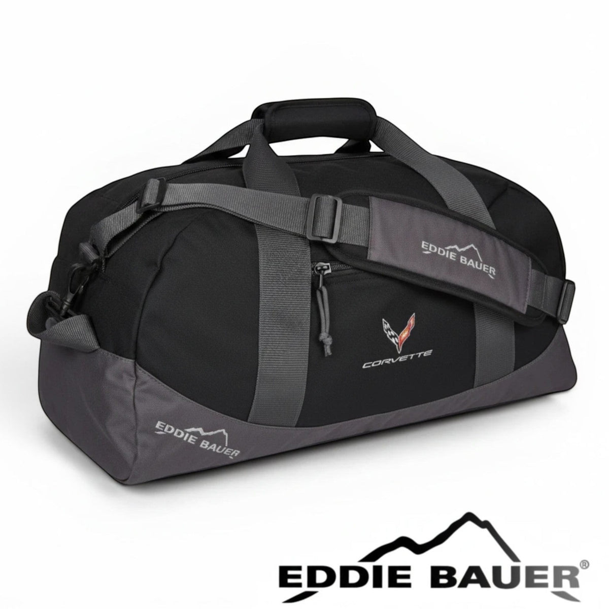 T-Top Vibes black Eddie Bauer medium duffel bag with embroidered 2020 Corvette emblem and adjustable shoulder strap