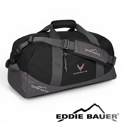 T-Top Vibes black Eddie Bauer medium duffel bag with embroidered 2020 Corvette emblem and adjustable shoulder strap