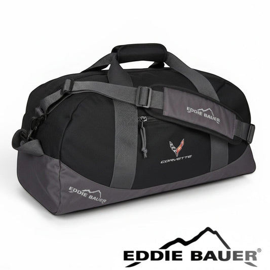 T-Top Vibes black Eddie Bauer medium duffel bag with embroidered 2020 Corvette emblem and adjustable shoulder strap
