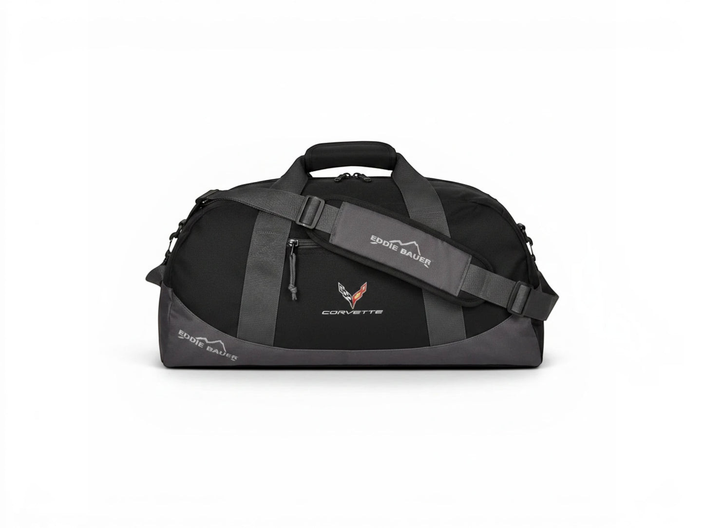 T-Top Vibes black Eddie Bauer medium duffel bag with embroidered 2020 Corvette emblem and adjustable shoulder strap.