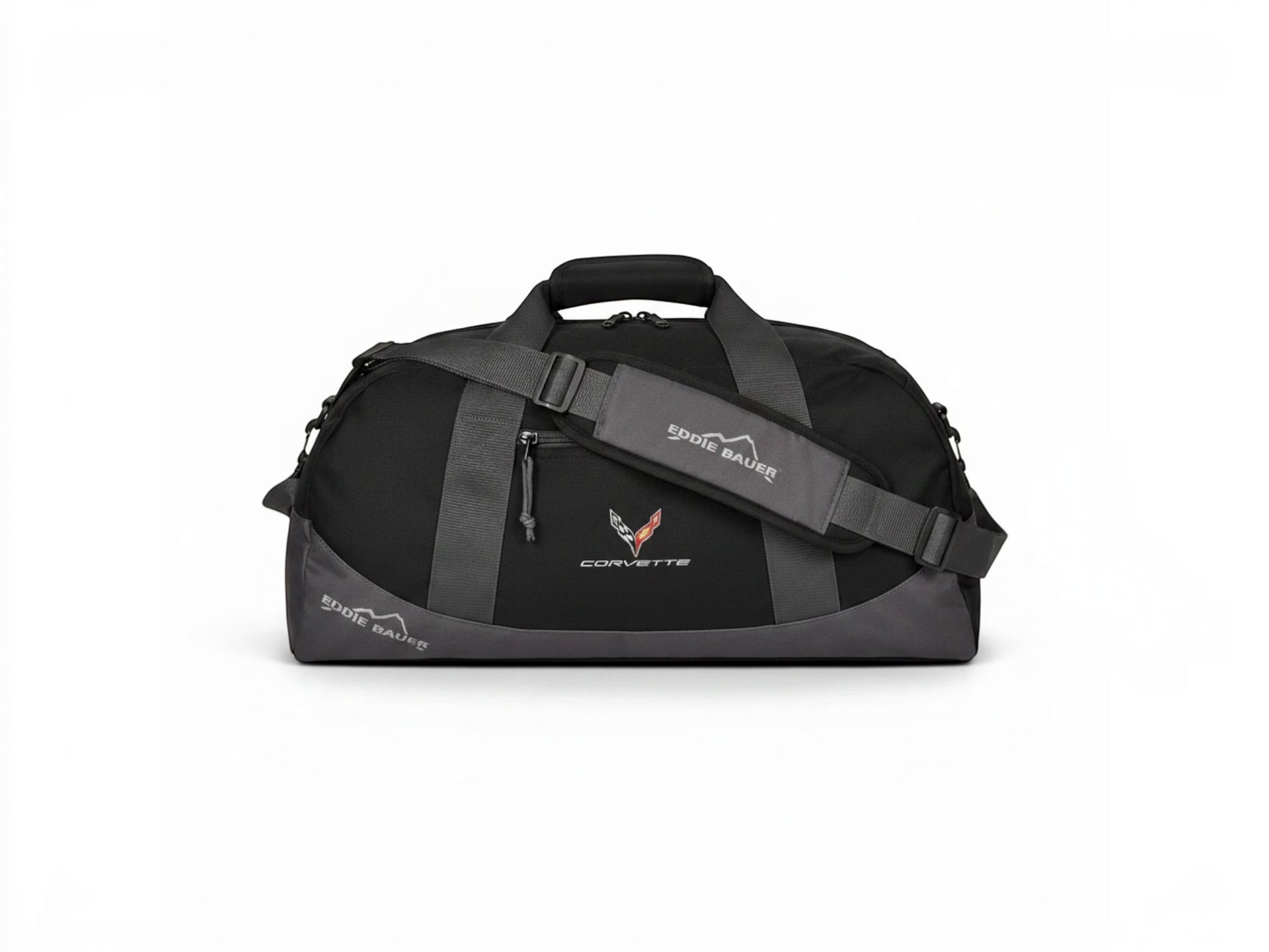T-Top Vibes black Eddie Bauer medium duffel bag with embroidered 2020 Corvette emblem and adjustable shoulder strap.