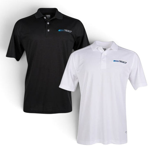 T-Top Vibes men's Corvette E-Ray Callaway performance polo shirts in black and white with moisture-wicking fabric.