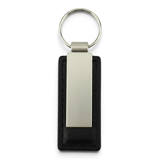 T-Top Vibes Corvette E-Ray key tag featuring a sleek rectangular metal plate on a black leather backing with ring.
