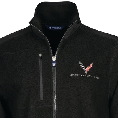 T-Top Vibes black Cutter & Buck C8 Corvette fleece jacket with full-zip front, stand collar, and chest pocket.