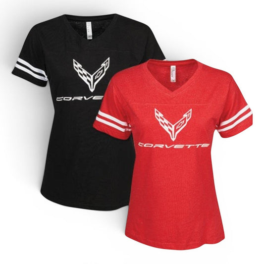 T-Top Vibes women's Corvette football-style V-neck t-shirts in black and red with white graphic and sleeve stripes