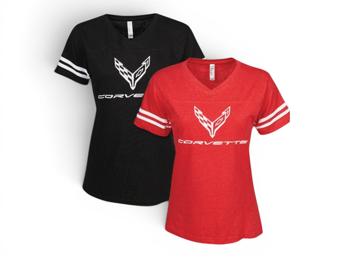 T-Top Vibes women's Corvette football-style V-neck t-shirts in black and red with white graphic and sleeve stripes
