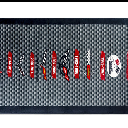 T-Top Vibes Corvette Generations cotton towel featuring C1-C7 logos on a grey carbon fiber pattern background.