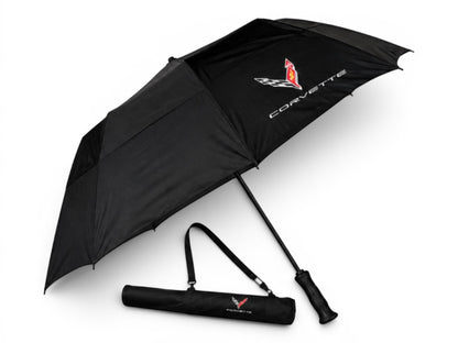 T-Top Vibes black 58-inch Corvette golf umbrella with wind-vented canopy, fiberglass shaft, and matching carry sleeve.