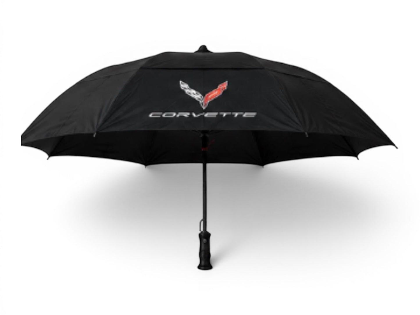 T-Top Vibes black 58-inch Corvette golf umbrella with wind-vented canopy, fiberglass shaft, and embroidered logo.