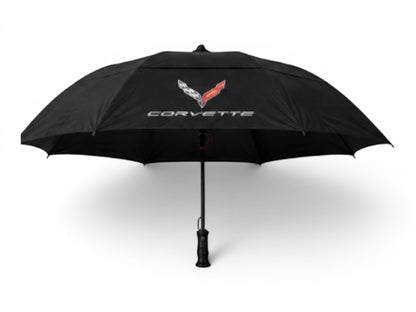 T-Top Vibes black 58-inch Corvette golf umbrella with wind-vented canopy, fiberglass shaft, and embroidered logo.