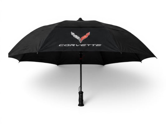 T-Top Vibes black 58-inch Corvette golf umbrella with wind-vented canopy, fiberglass shaft, and embroidered logo.