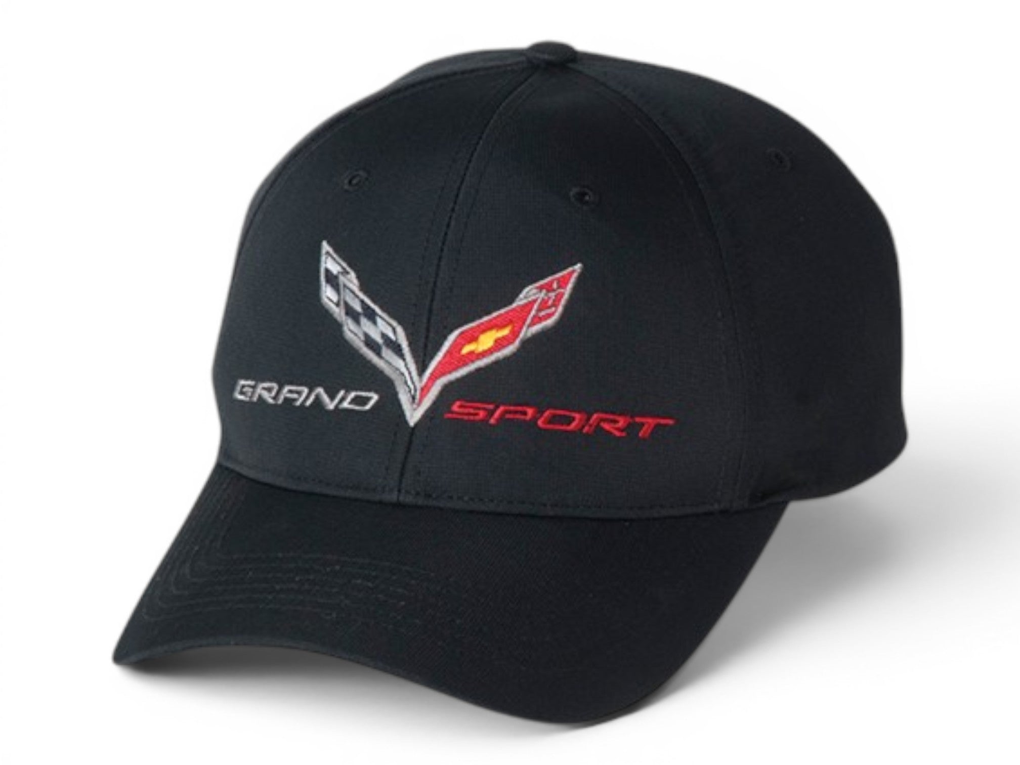 T-Top Vibes black Corvette C7 Grand Sport performance cap with embroidered crossed-flags emblem and lettering.