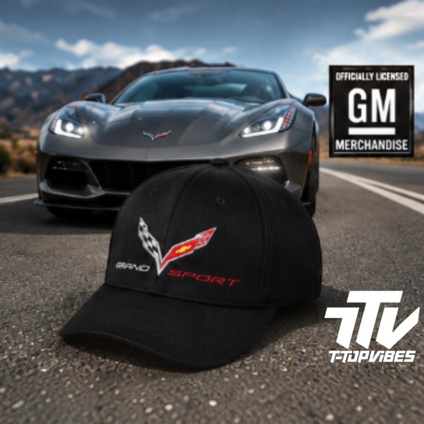 T-Top Vibes black Corvette C7 Grand Sport performance cap with embroidered crossed-flags emblem on front