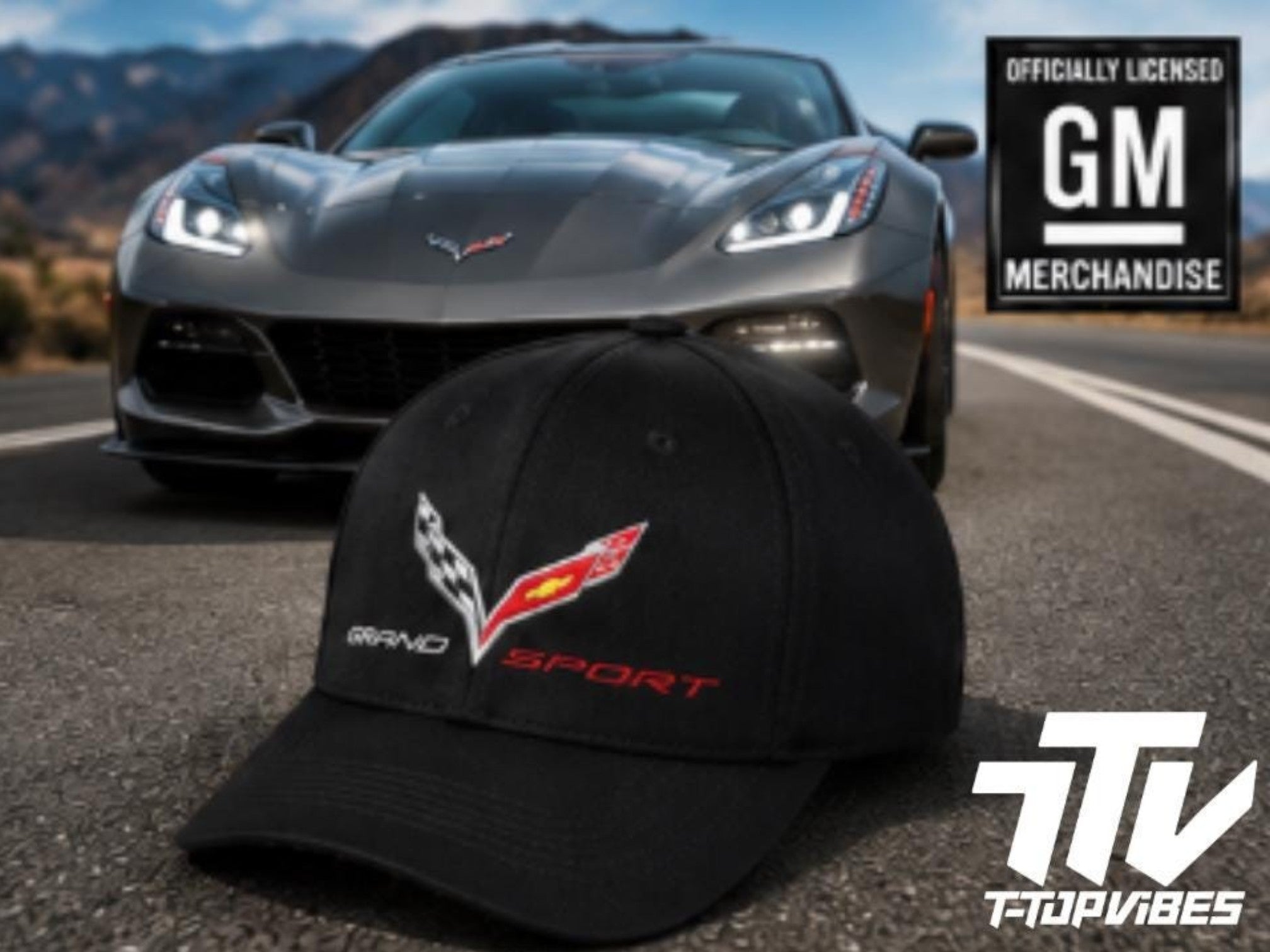 T-Top Vibes black Corvette C7 Grand Sport performance cap with embroidered crossed-flags emblem on front