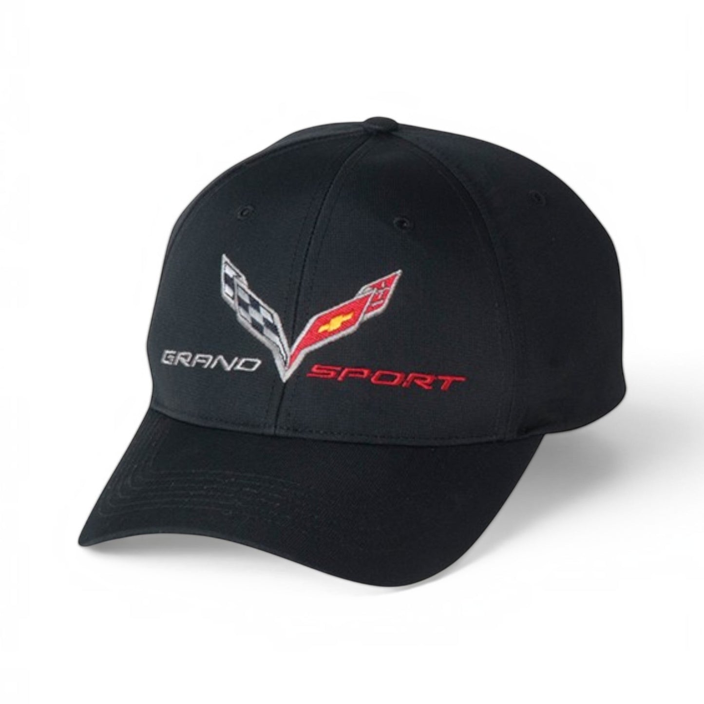 T-Top Vibes black Corvette C7 Grand Sport performance cap with embroidered crossed-flags emblem and lettering.