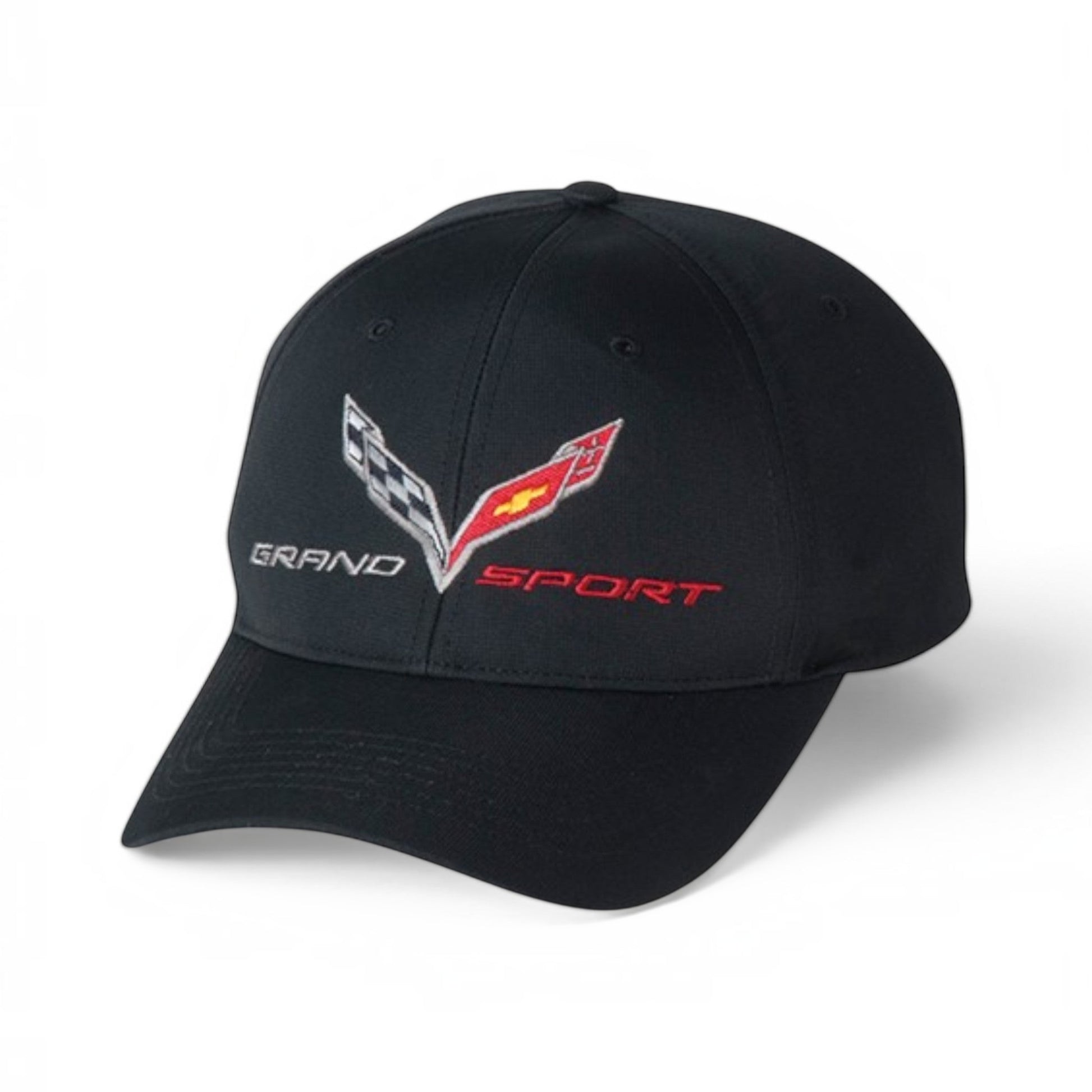 T-Top Vibes black Corvette C7 Grand Sport performance cap with embroidered crossed-flags emblem and lettering.