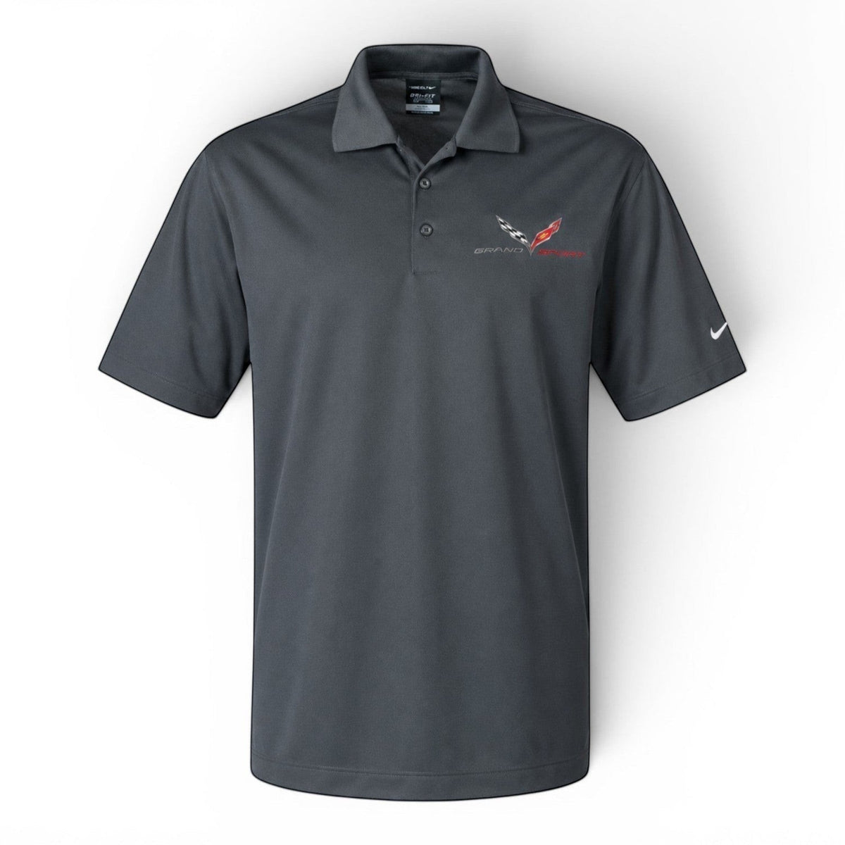 T-Top Vibes men's grey Nike Dri-FIT polo shirt featuring embroidered C7 Corvette Grand Sport logo and Nike Swoosh.