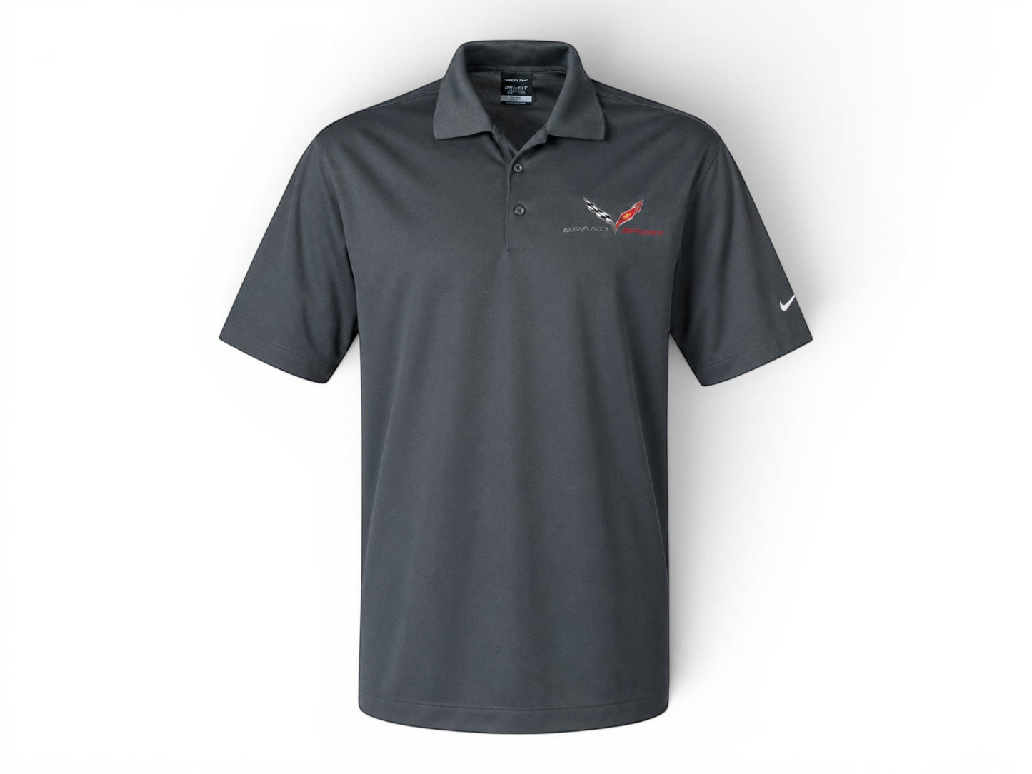 T-Top Vibes charcoal grey Nike Dri-FIT polo shirt featuring embroidered C7 Corvette Grand Sport logo on the chest