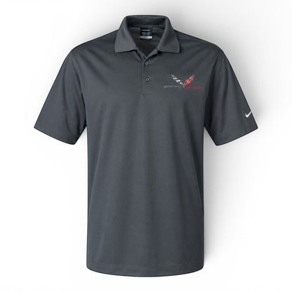 T-Top Vibes charcoal grey Nike Dri-FIT polo shirt featuring embroidered C7 Corvette Grand Sport logo on the chest