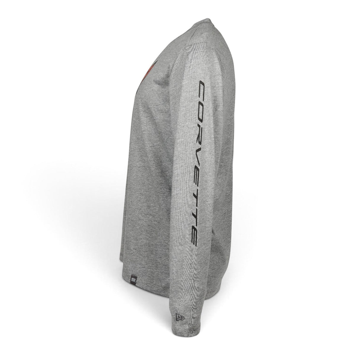 T-Top Vibes gray long-sleeve T-shirt featuring Corvette branding on the sleeve, made from a soft cotton-poly blend.