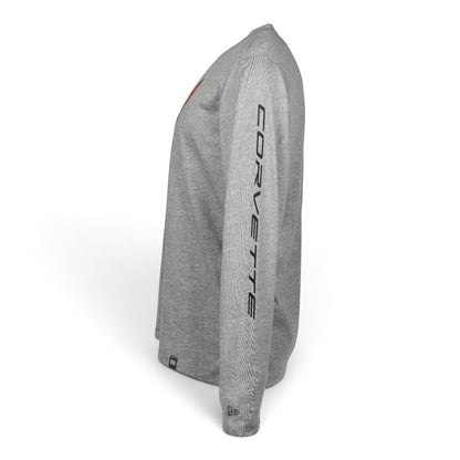 T-Top Vibes gray long-sleeve T-shirt featuring Corvette branding on the sleeve, made from a soft cotton-poly blend.
