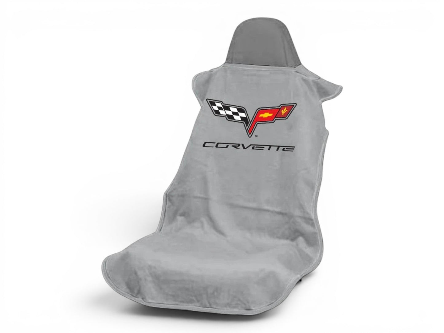 T-Top Vibes Corvette C6 grey cotton car seat towel with official logo, designed for universal vehicle fit.