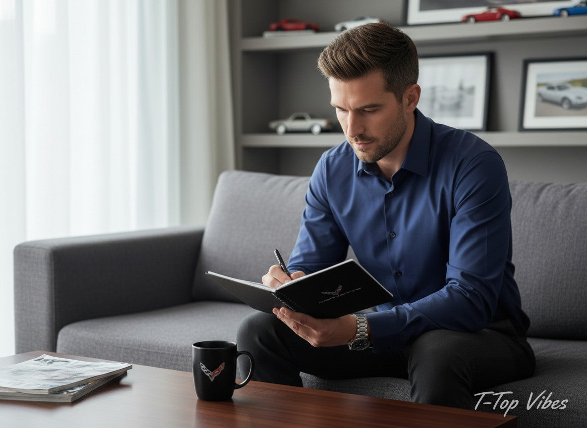 T-Top Vibes Corvette spiral-bound journal with stylus pen held by a man sitting on a grey sofa