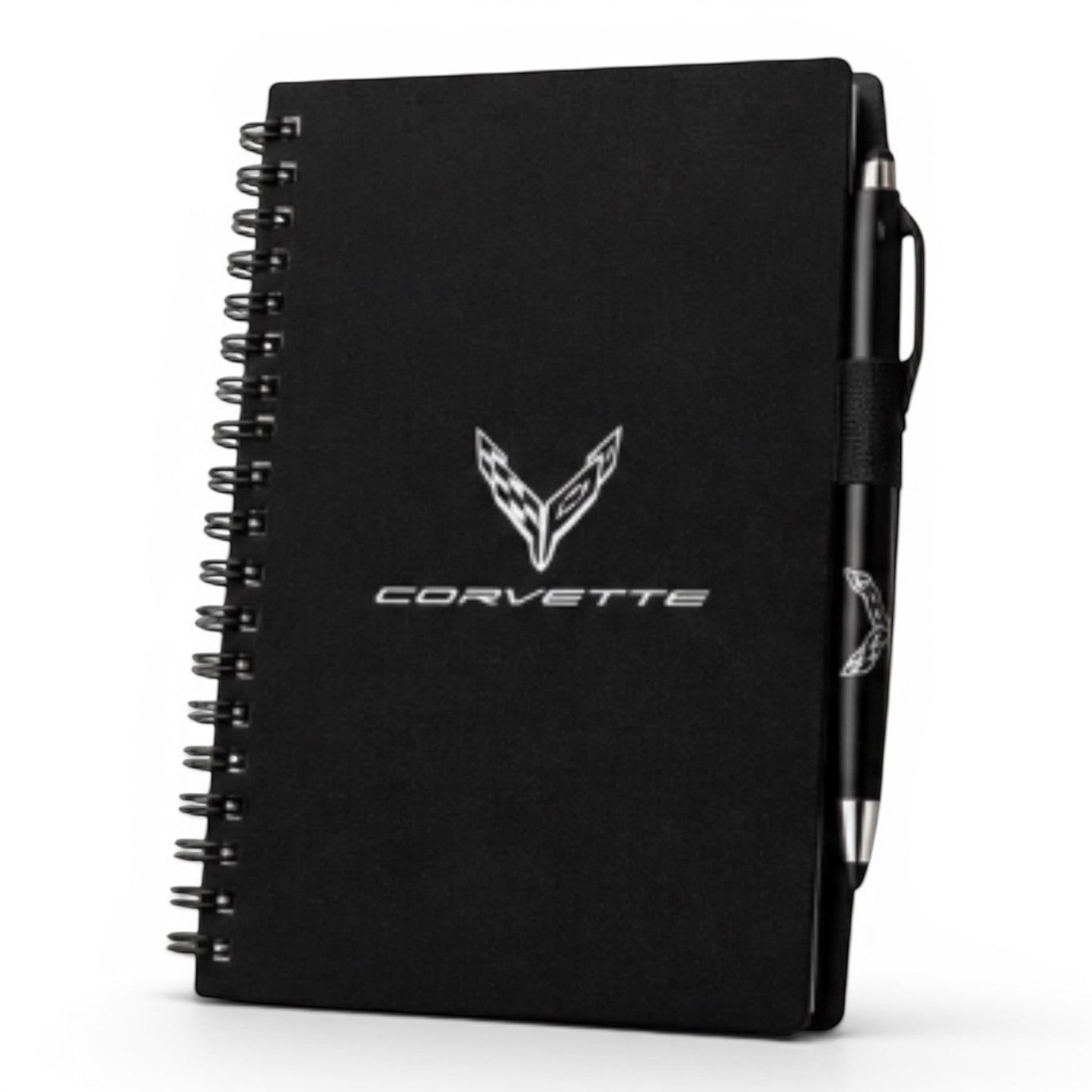 T-Top Vibes black spiral-bound Corvette journal with matching stylus twist-action pen and logo branding