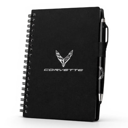 T-Top Vibes black spiral-bound Corvette journal with matching stylus twist-action pen and logo branding