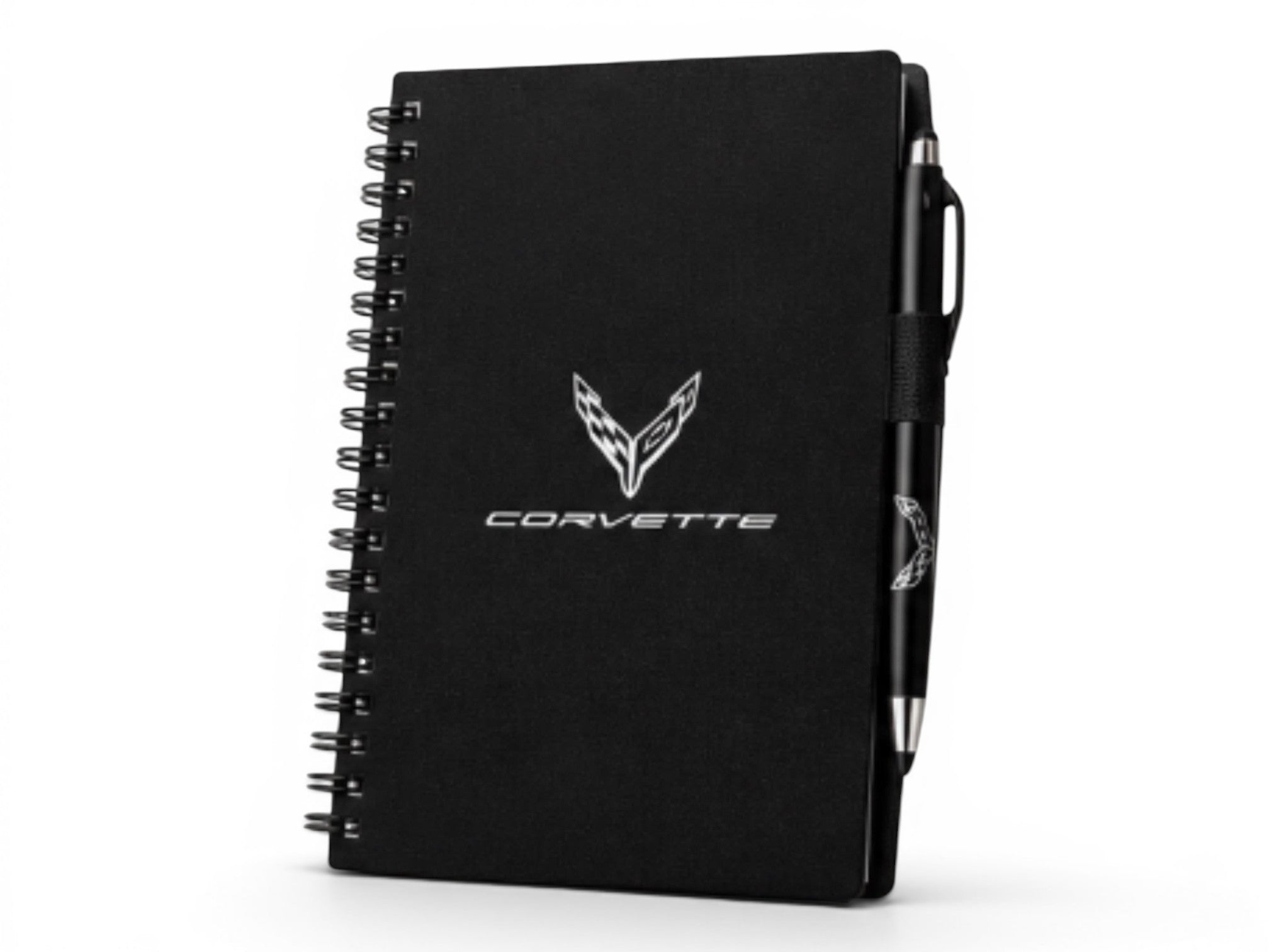 T-Top Vibes black spiral-bound Corvette journal with matching stylus twist-action pen and logo branding