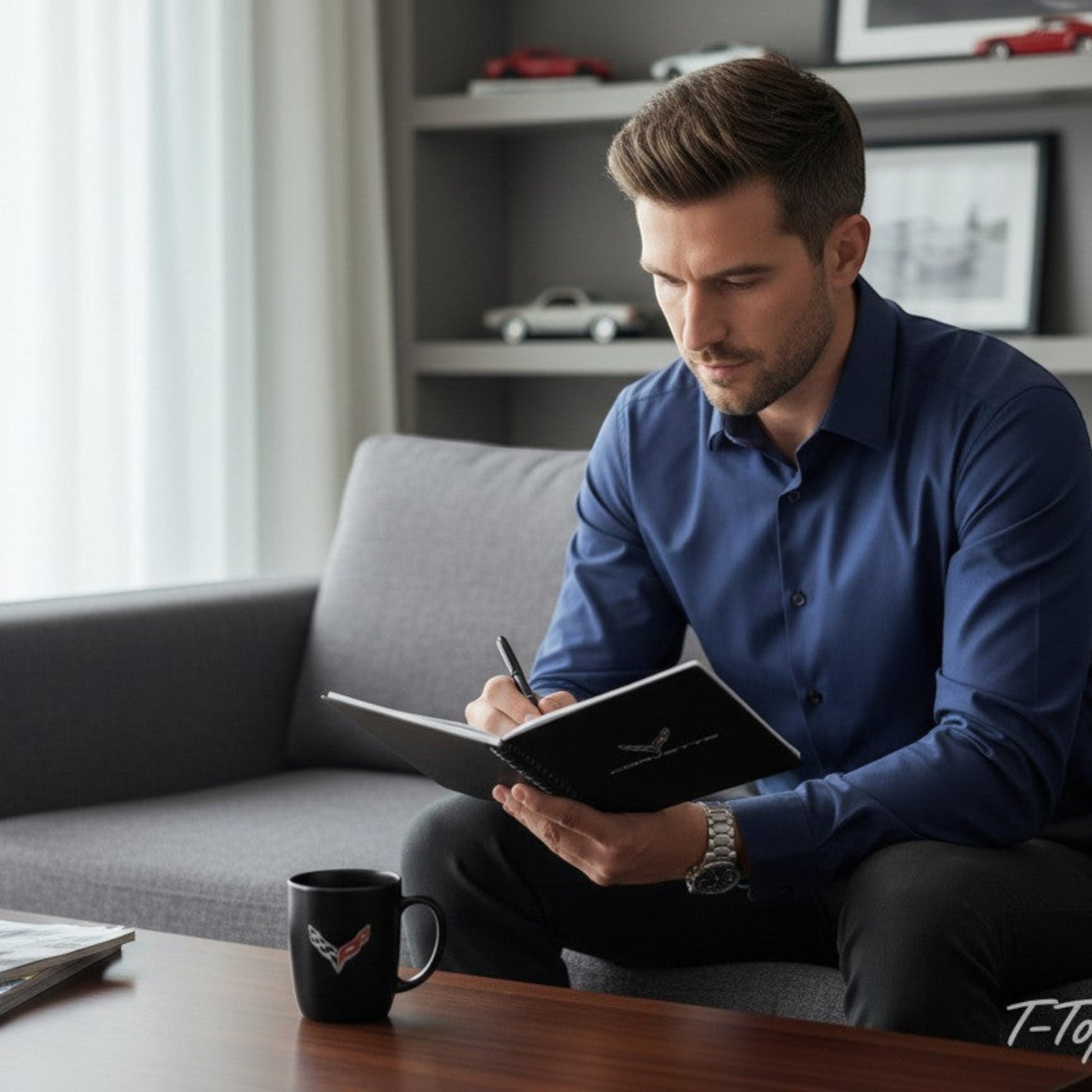 T-Top Vibes Corvette spiral-bound journal with stylus pen held by a man sitting on a grey sofa