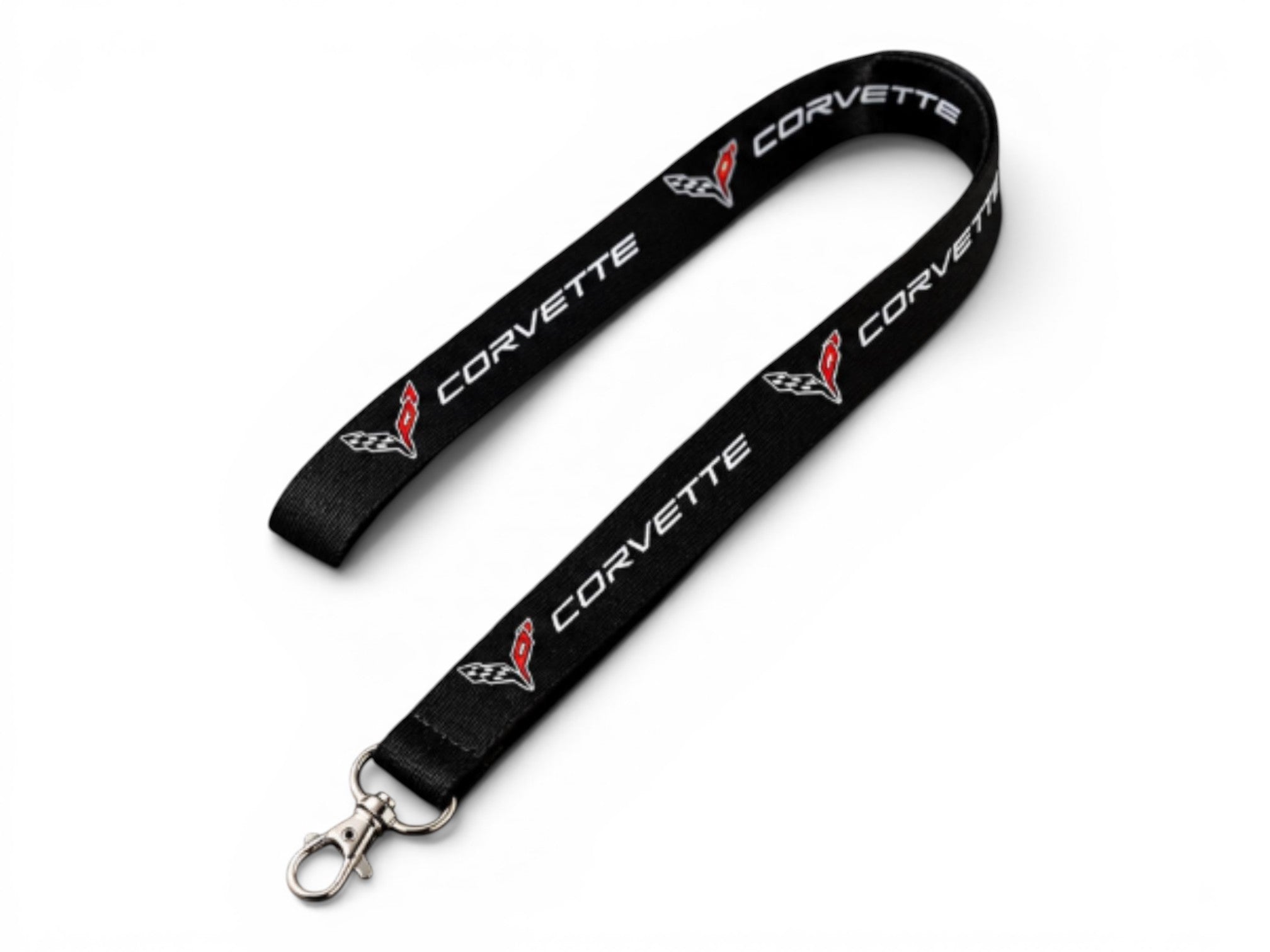 T-Top Vibes black Corvette C8 logo neck lanyard with a metal spring-loaded keychain clip for keys and badges.