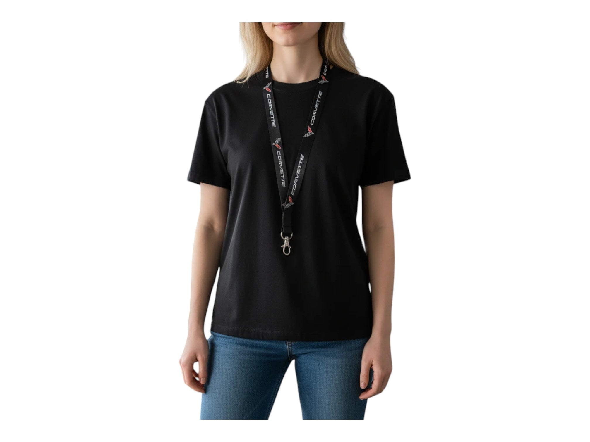 T-Top Vibes black C8 Corvette logo neck lanyard with metal keychain clip worn by a woman in a black t-shirt