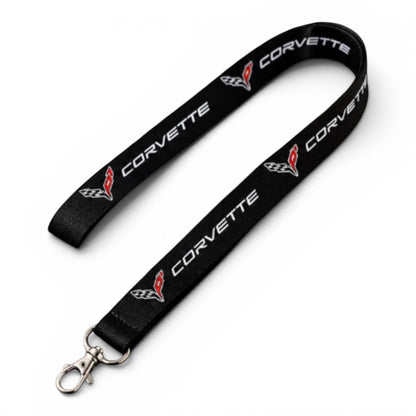 T-Top Vibes black Corvette C8 logo neck lanyard with a metal spring-loaded keychain clip for keys and badges.