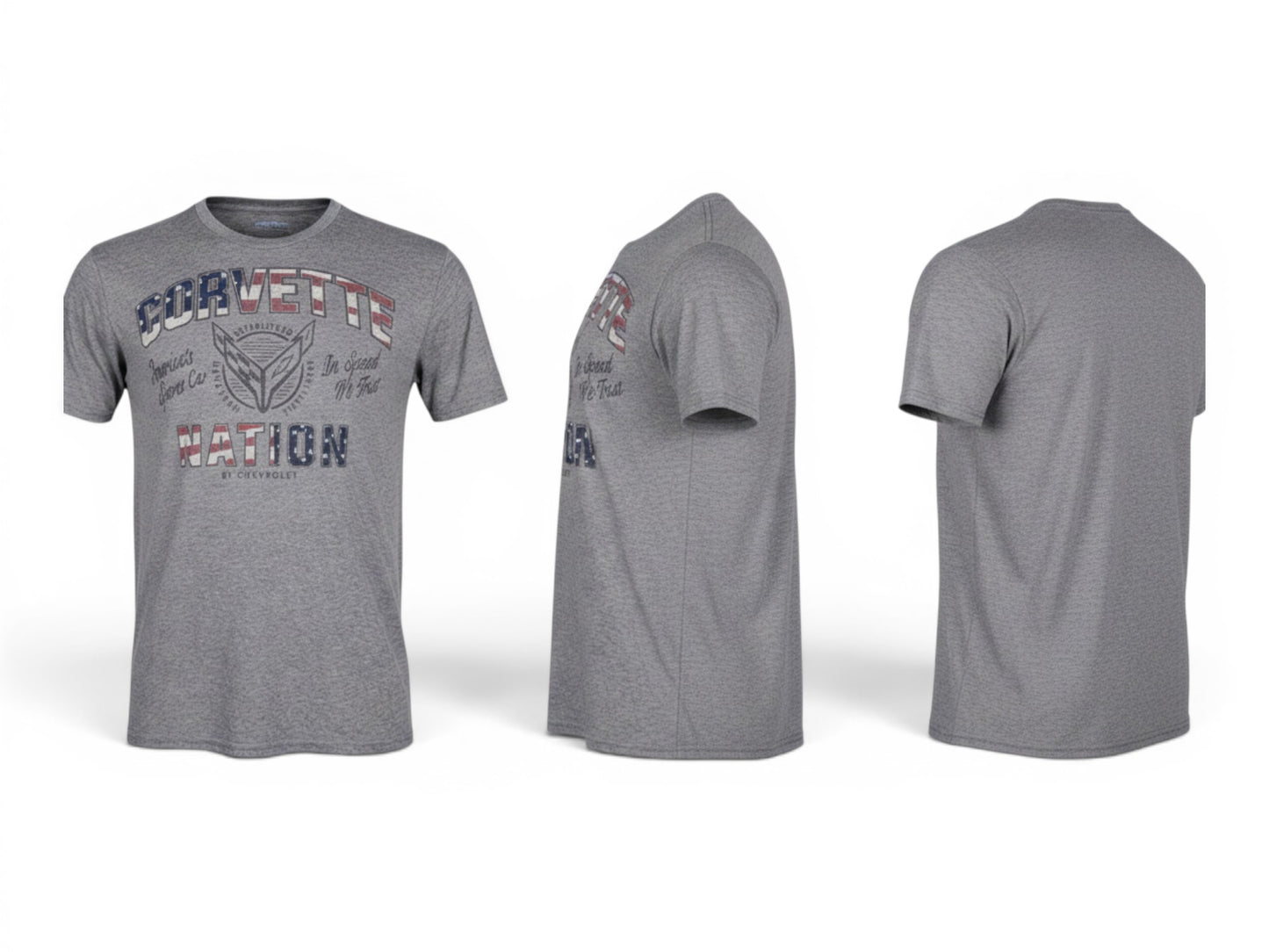 T-Top Vibes gray Corvette Nation patriotic t-shirt with vintage American flag graphic, shown from front and side views.