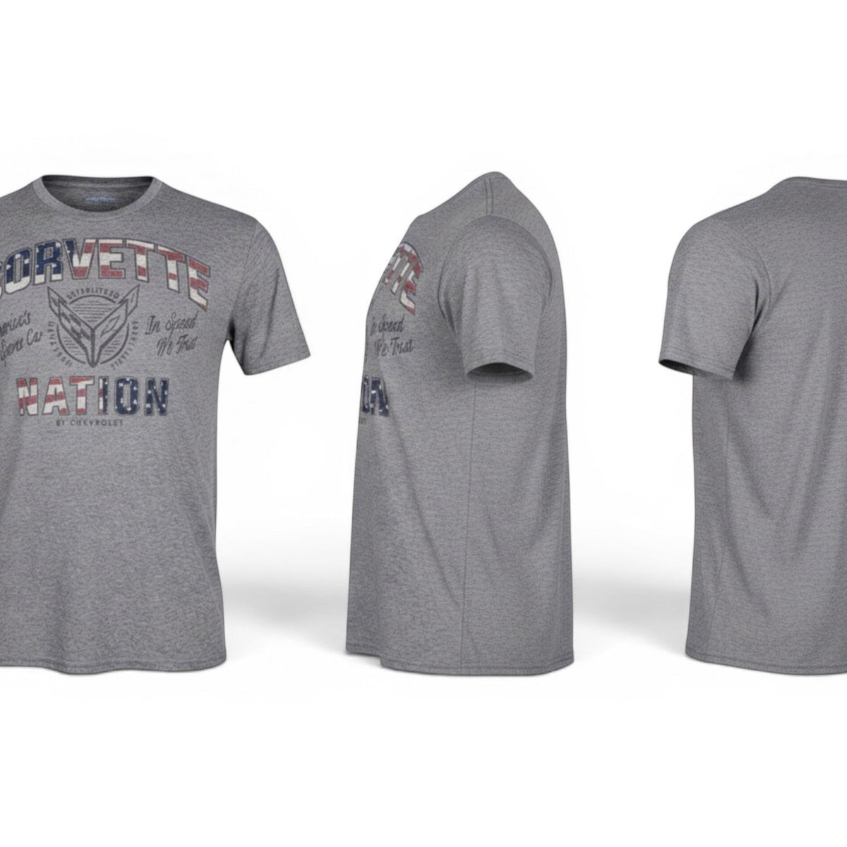 T-Top Vibes gray Corvette Nation patriotic t-shirt with vintage American flag graphic, shown from front and side views.