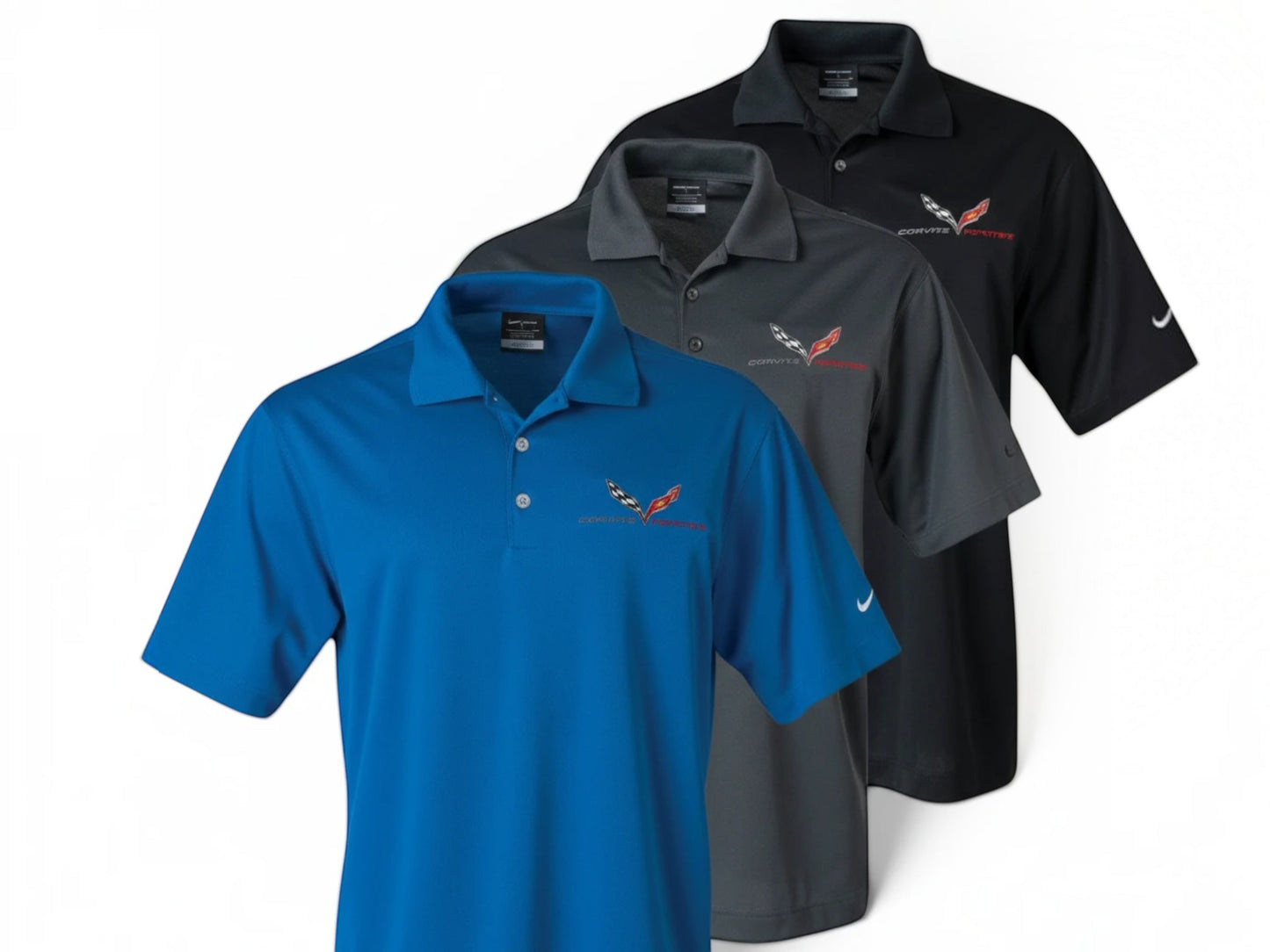 T-Top Vibes men's Nike Dri-FIT C7 Corvette Grand Sport polo shirts in blue, grey, and black with embroidered logos.