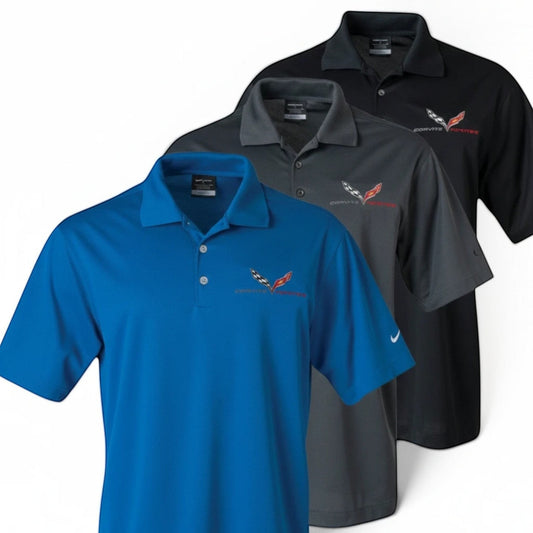 T-Top Vibes men's Nike Dri-FIT C7 Corvette Grand Sport polo shirts in blue, grey, and black with embroidered logos.