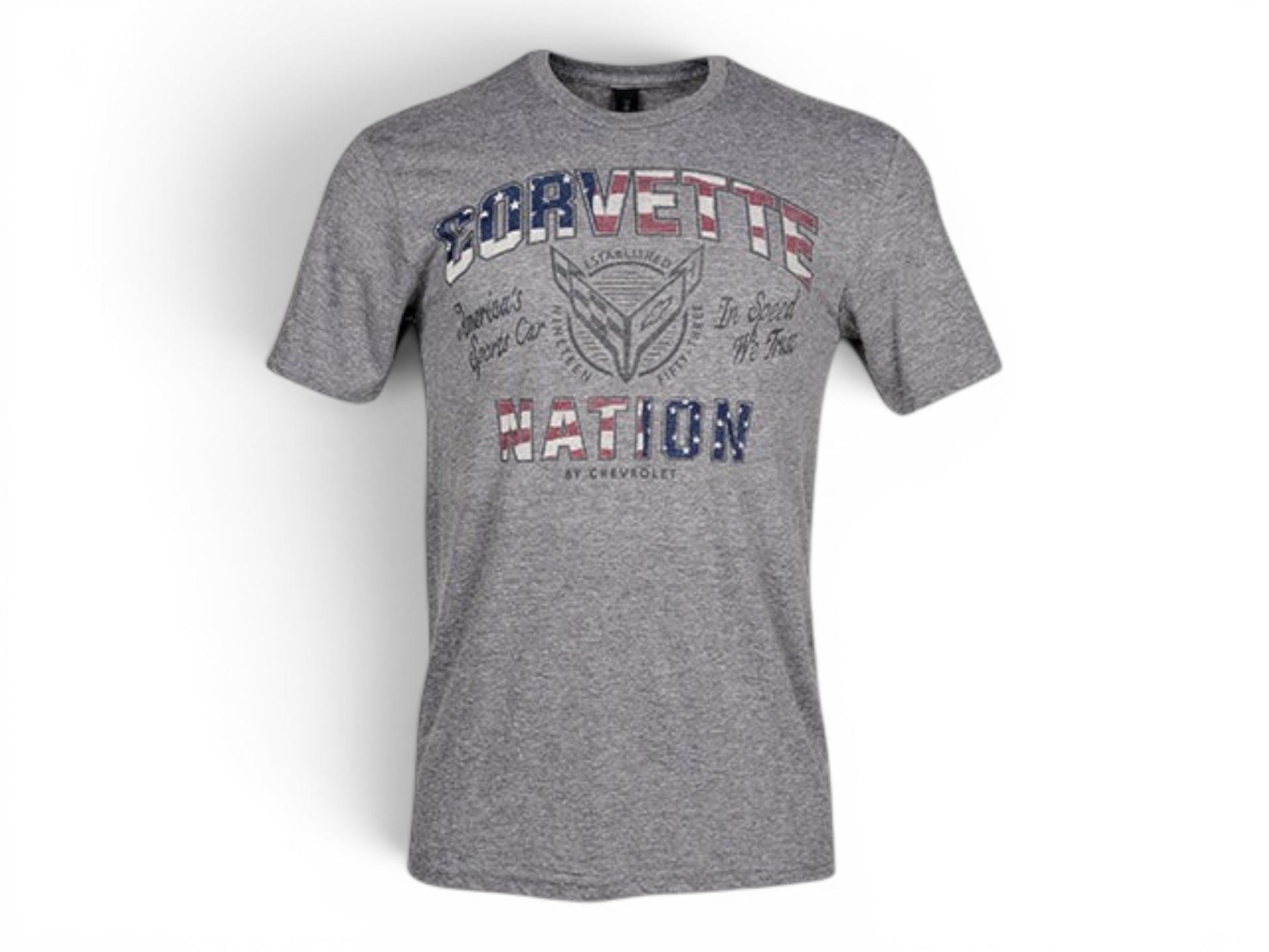 T-Top Vibes gray Corvette Nation patriotic t-shirt with vintage American flag graphic print
