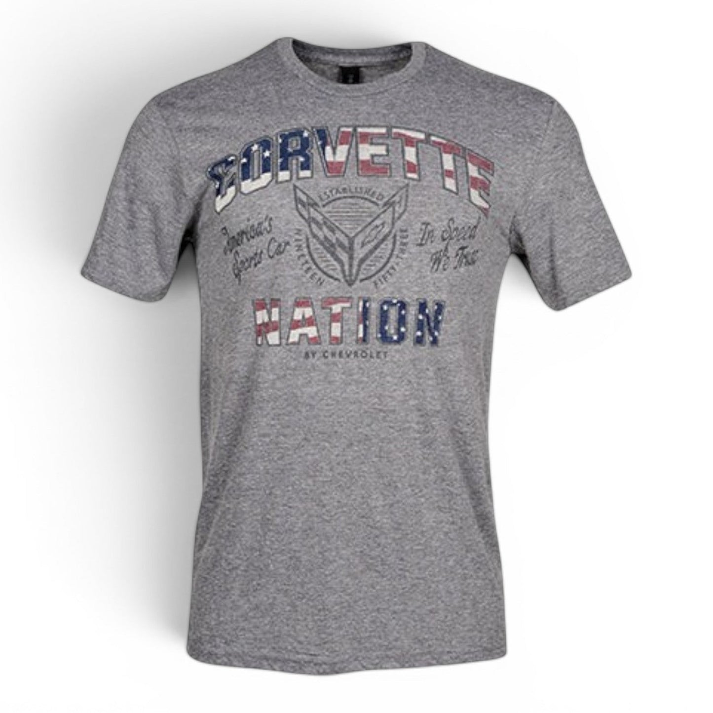 T-Top Vibes gray Corvette Nation patriotic t-shirt with vintage American flag graphic print