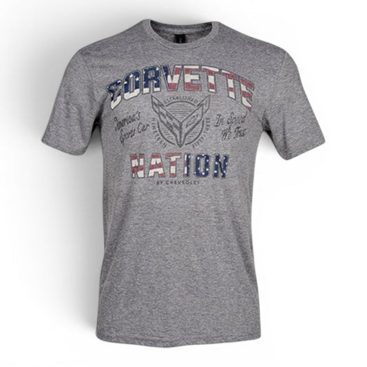 T-Top Vibes gray Corvette Nation patriotic t-shirt with vintage American flag graphic print