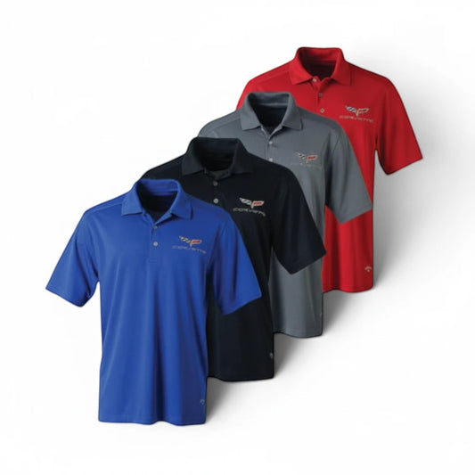 T-Top Vibes C6 Corvette Callaway performance polo shirts in blue, black, grey, and red with embroidered emblems.