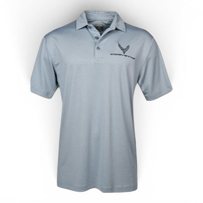 T-Top Vibes men's grey Callaway performance polo with embroidered C8 Corvette logo and moisture-wicking fabric.